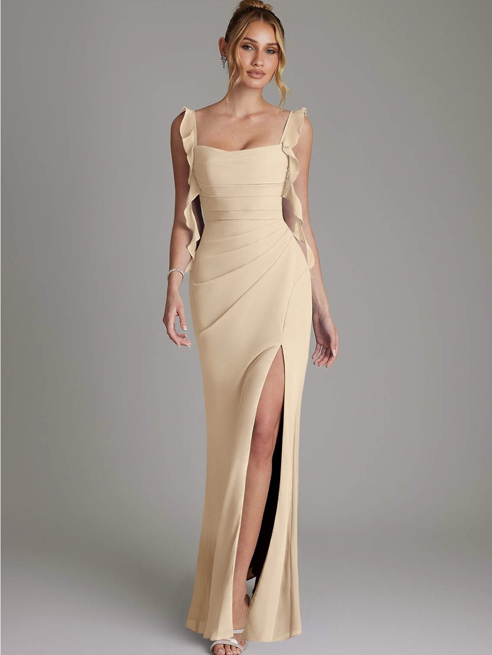 Azazie Jessamine Champagne Mermaid Corset Chiffon Dress